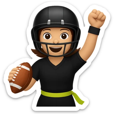 Create an emoji style image of a woman celebrating a flag football touchdown, wearing a helmet and an all black uniform with white accents. The only flag belt is lemon lime color, no other flags. She is holding one football. Keep the background transparent. sticker