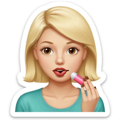 👁️🫦👁️💁🏼‍♀️ aguicheuse. elle se mord le coin de la lèvres. Elle est blonde. Ongles vernis marrons. Elle mâche un chewing-gum  sticker