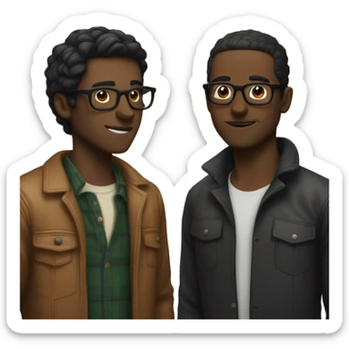 Two men kissing, one white with black hair, one brown with hlasses sticker