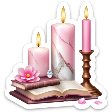 Aesthetic candles, flower petals, books, marble stand, crystal stones sticker