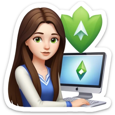 beautiful pale brunette girl with long hair playing the sims4 on her computer  sticker