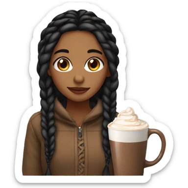 Light brown girl with black long braids and a hot chocolate sticker