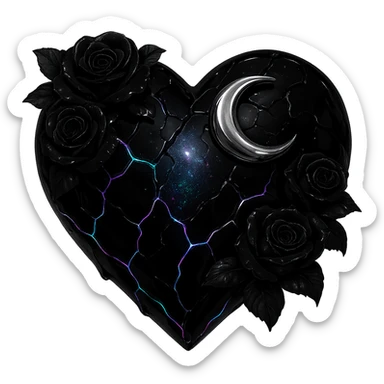 Edit the gothic heart to have cracked deep black glass, silver crescent moon, black roses, shimmering holographic stardust, neon lightning accents, and a glossy wet appearance. Keep the background transparent. Maintain the gothic heart style and details. sticker