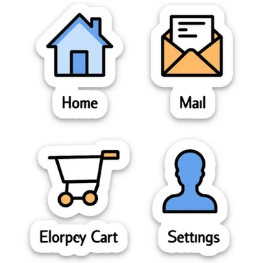 website navigation icons with home, mail, shopping cart, user profile, and settings sticker