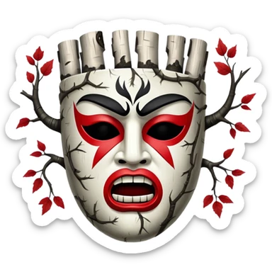 birch tree male mask in kokoshnik expressing anger, white, black and red palette, the texture has black marks sticker