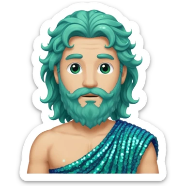 Poseidon  from Greek Gods with long blue wavy hair and short beard, sea green sequin toga sticker