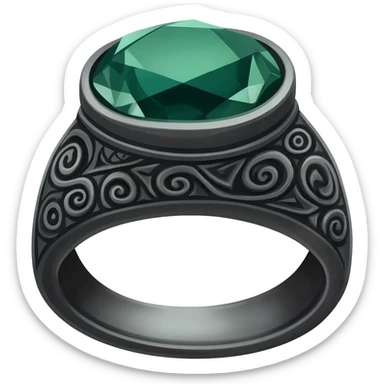 A Obsidian ring, with a dark GREEN gem, make it have a faint tint of a sage , make the rest of the ring have Intricate carvings sticker