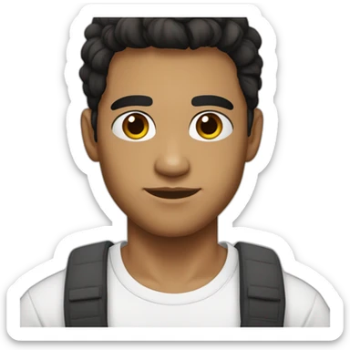 a young man, white skin, shorter black-brown hair and dark brown eyes wearing a white t-shirt sticker