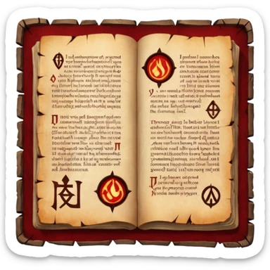 Ancient scripture page burned at the edges, cursed runes glowing faint red sticker