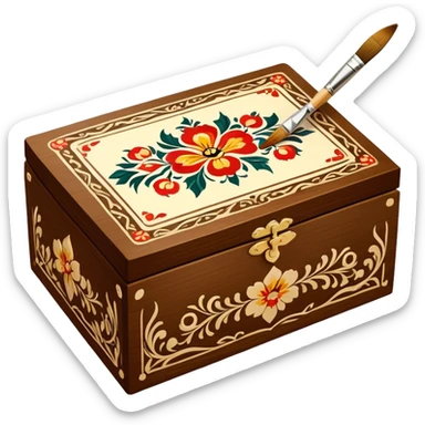 Wooden box painting icon, traditional Russian Palekh or Khokhloma patterns being painted on a wooden box, paintbrush and fine details visible, the box in the process of decoration, visible tools like brushes and paints, minimalistic style, clean lines, transparent background. sticker