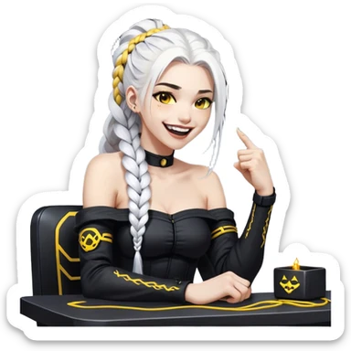 ghibli style, she is laughing outrageously and pounding her fist on the table, a closeup portrait of young woman with gold yellow eyes, white hair, long braid, black off-shoulder top, punk gothic style, futuristic cyberwave cyberpunk, sitting position
 sticker