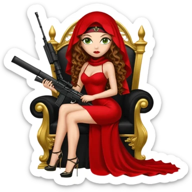 Drug dealer female green eyes symbol.  hair is brown curly long hair. sexy long with long red and black dress and face veion that covers her mouth only. black stiletto platform high heels shoes on. Holding sniper rifle sitting on a gold throne. sticker