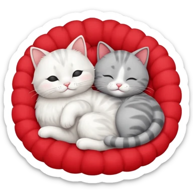 White cat and gray cat sleeping together in a bed full of hearts sticker