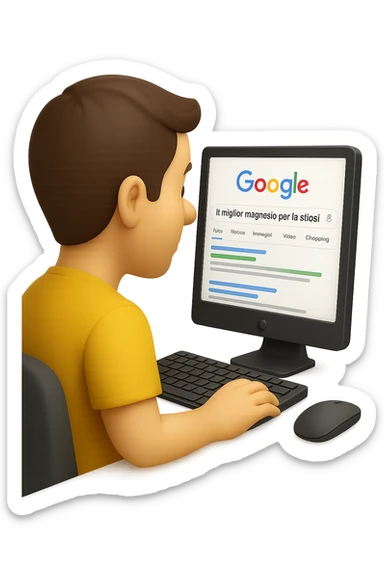 emoji stile iphone di un uomo davanti al pc che cerca di google: "Il miglior magnesio per la stipsi", iperrealistico 4k sticker