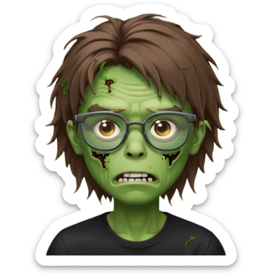 Green zombie, brown messy hair covering the forehead, black glasses, black shirt. iOS style. sticker