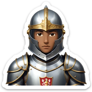 Clash of Clans aesthetic friendly Knight Portrait Emoji, With a noble, armored build featuring a gleaming suit adorned with intricate heraldry and a determined gaze behind a visored helm, his face rendered in a natural skin tone (not yellow), Simplified yet dynamic features, highly detailed, glowing with a cool, steely radiance, high shine, courageous and resolute, stylized with an air of chivalric valor, focused and stalwart, soft glowing outline, capturing the essence of a valiant knight ready to charge into epic quests with honor! sticker