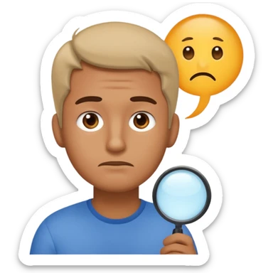 Realistic emoji-style man in simple everyday clothes, looking thoughtful and analytical. A thought bubble above his head shows a critical-thinking icon (question mark + magnifying glass). Soft lighting, expressive critical facial expression. sticker