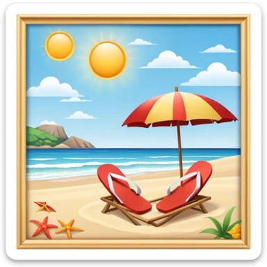 Icon for Beach Tourism: a sandy beach with a sun umbrella and flip-flops, with the ocean landscape in the background. The icon should capture the relaxation and fun of a beach vacation. Transparent background sticker