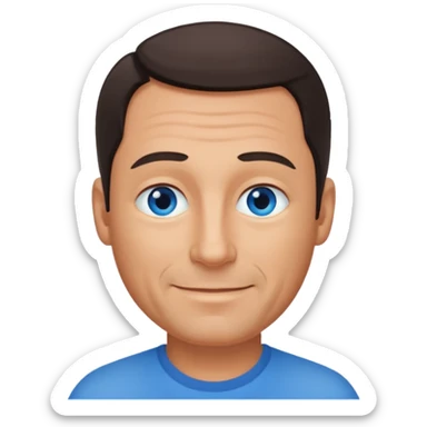 Middle aged man with tanned skin, receding dark hair and no beard, blue eyes, shy smile sticker