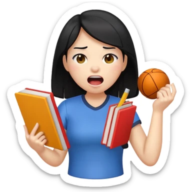 female emoji with black hair, yawning, holding a book and sports equipment, tired sticker
