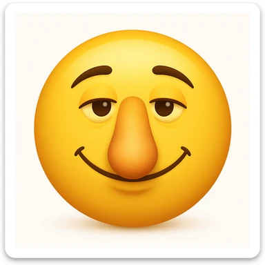 Create a yellow smiley face emoji with a nose exactly like the reference image. Match the facial expression and style, but as a classic emoji face in the style of classic yellow emojis. Add a soft shadow under the nose. sticker