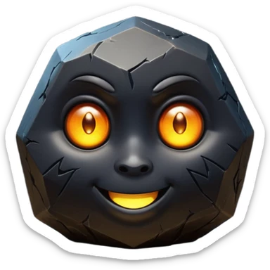Single black obsidian rock character, thick and heavy with sharp facets and subtle reflections, carved cute face with glowing round eyes and a small smile, 3D render, high detail, soft backlighting, isolated on a plain dark background. sticker