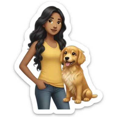 Indian teen with long wavy black hair walking golden retriever  sticker