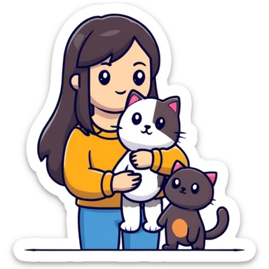 Woman with long dark hair holding pets: teddy bear, dog, and cat sticker