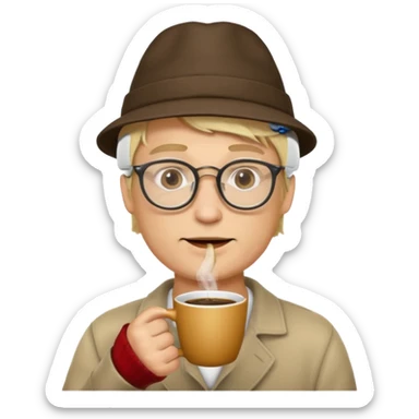 glasses blonde man drink coffe with hat  sticker