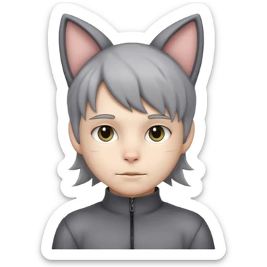 Boy in gray cat suit with tail and ears sticker