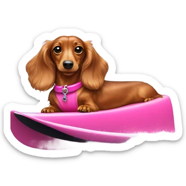 Long haired miniature dachshund red colour with pink collar on waterskis sticker