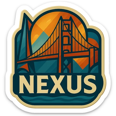 Edit the logo by removing the words 'San Francisco' and replacing them with the word 'NEXUS' in the same retro art deco style, keeping the rest of the logo unchanged. Maintain the retro art deco style and no background. sticker