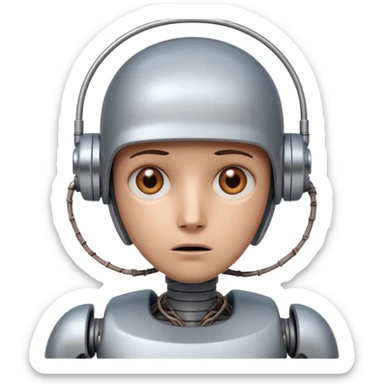 Uncomfortable robot feeling emotions and has brown eyes and a broken wire sticker