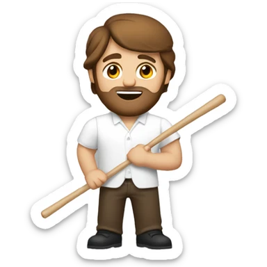 a long brown haired man with a light beard holding drum sticks in a white shirt and brown pants sticker