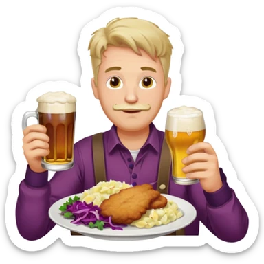 German man eating schnitzel, potato salad, red cabbage, sauerkraut, and beer sticker