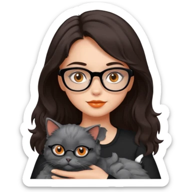 girl with dark brown hair, medium length to her chest, slightly wavy, the girl has black glasses and black eyes, she’s holding a grey fluffy cat with bright orange eyes  sticker