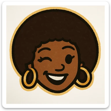 Create a 1970s disco emoji of just the head of a female African American, inspired by the references, using only gold, silver, black, and white. Show a winking expression, afro hairstyle, and large hoop earrings in these colors, in a vibrant pop colors style. sticker