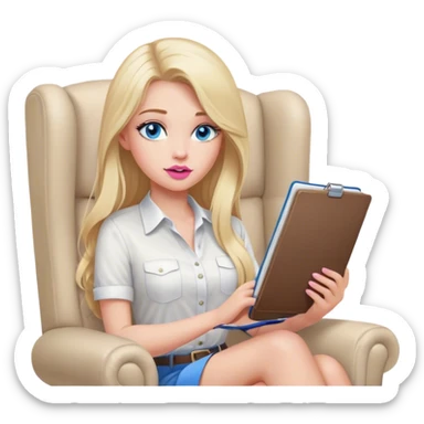 Cinematic realistic blonde with long hair, blue eyes and pink lips, sitting in a beige armchair with a notebook and pen in her handsshirt, sits in a beige armchair with a notebook and pen in her hands sticker