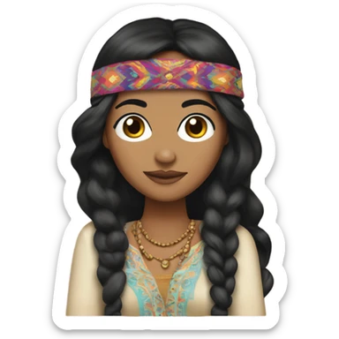 Tanned woman with black hair dressed in 1970s hippie attire, hair, makeup, and  attire with headband  sticker