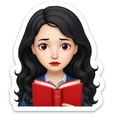 Long Hair Women with red Book, Black wavy hair, sad

 sticker