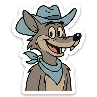 grey coyote, light blue cowboy hat, light blue neckerchief, smiling, flat toon style sticker