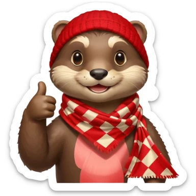 a cute otter smiling and giving thumbs up, wearing red Checkered Triangle scarf sticker