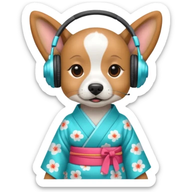 dog, kimono dress with headphone, cyan sticker