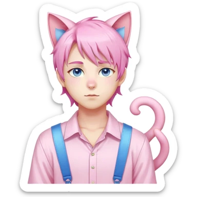 Pastel effeminate young femboy man with pastel pink shiny hair, pink cat ears, pastel yellow blouse, blue eyes, cute, gorgeous, anime, catboy, full body sticker