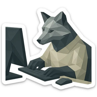 Change the animal to a silver fox working at a computer, keep the polygonal style, transparent background. sticker