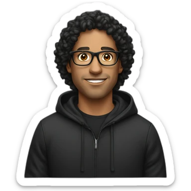 Latin man with glasses, curly hair, wearing a black hoodie sticker