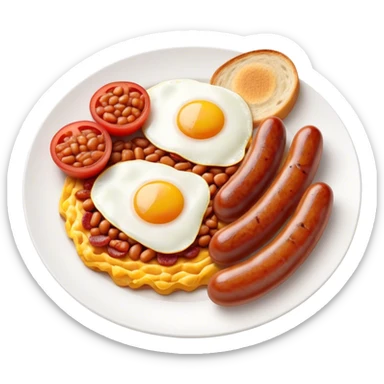 Cinematic Realistic English Breakfast Dish Emoji, showcasing a hearty ensemble of eggs, bacon, sausages, baked beans, and grilled tomatoes rendered with lifelike texture and vibrant, appetizing detail that exudes comforting tradition. sticker