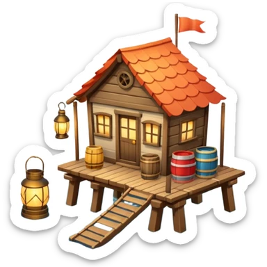 
fisherman house on a wooden pier, small dock, fishing nets hanging, barrels, lantern, ocean vibe, 3D cartoon, cute mobile game icon, clean background, no text
 sticker