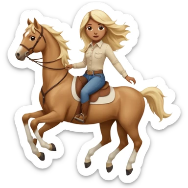 Brown girl with very long blonde/gold hair that’s blowing in the wind wearing a cream colored collared long sleeve shirt and jeans with brown boots on top of a brown horse with 4 legs sticker