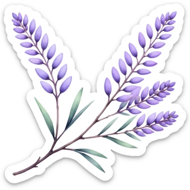 The art style is clean line art with delicate watercolor textures, pastel colors, and a dominant palette of lavender, soft lilac, and muted purple. Let the branch be more elongated sticker